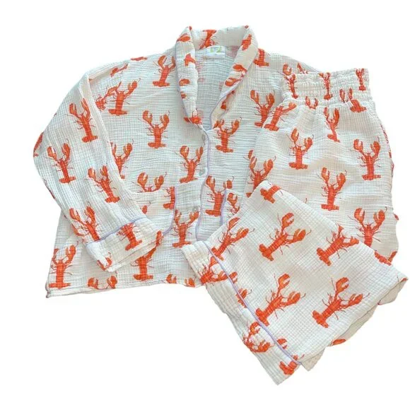 Sara Fitz Womens Pajama Set Size 3X White Lobster Print Casual Pure Cotton - Picture 7 of 8